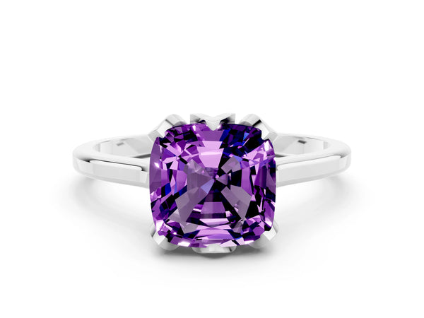White gold Cushion Cut Amethyst Solitaire Ring with Flower Prong Setting and Classic Band