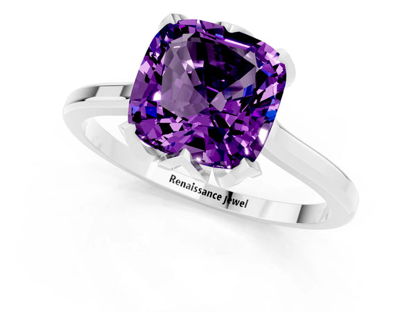 White gold Cushion Cut Amethyst Solitaire Ring with Flower Prong Setting and Classic Band