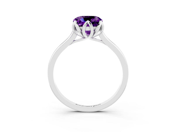White gold Cushion Cut Amethyst Solitaire Ring with Flower Prong Setting and Classic Band