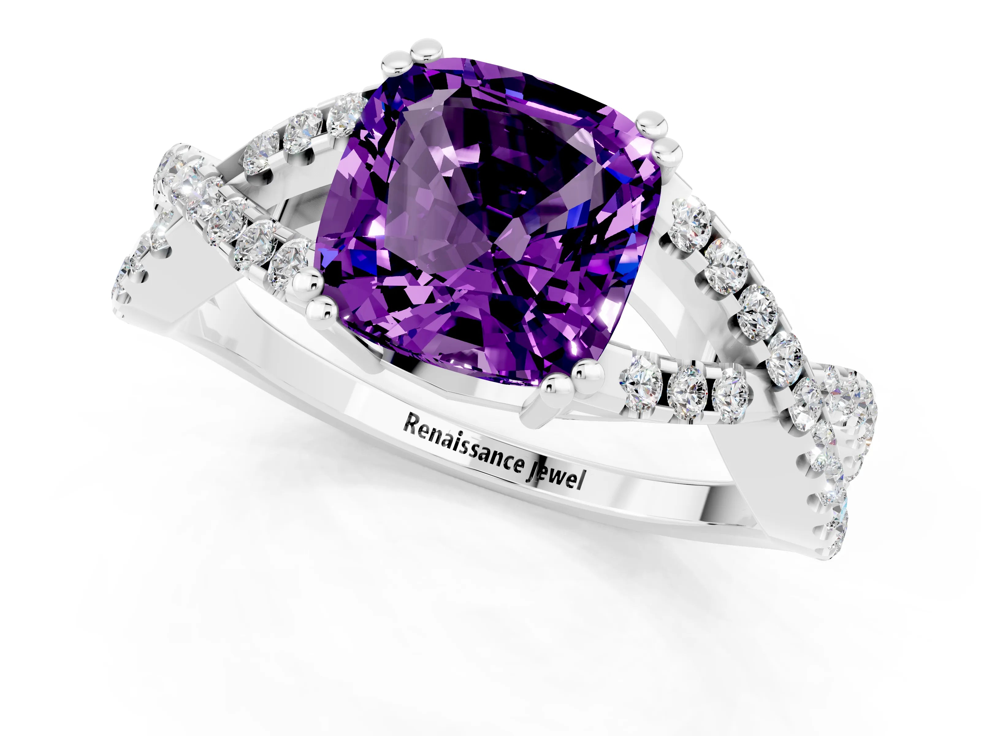 White gold Cushion Cut Amethyst Solitaire Ring with Four-Prong Setting and Twisted Pavé Band_1