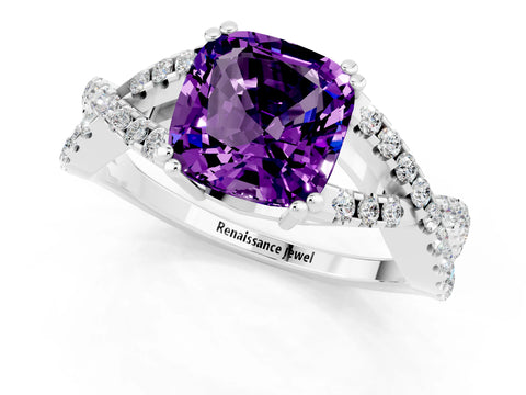 White gold Cushion Cut Amethyst Solitaire Ring with Four-Prong Setting and Twisted Pavé Band_1