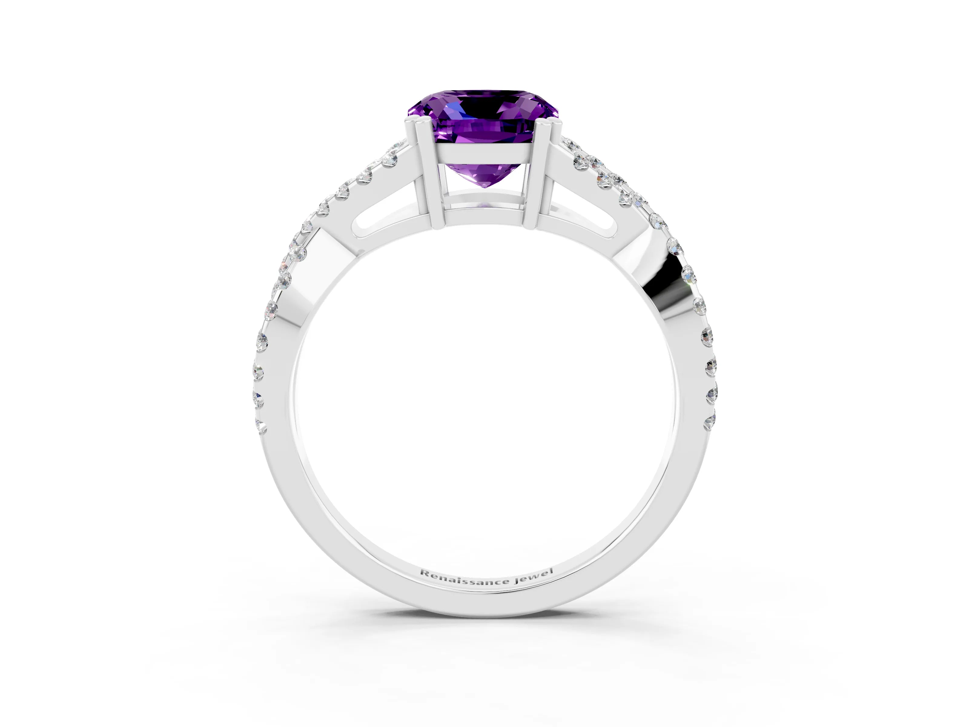 White gold Cushion Cut Amethyst Solitaire Ring with Four-Prong Setting and Twisted Pavé Band_3