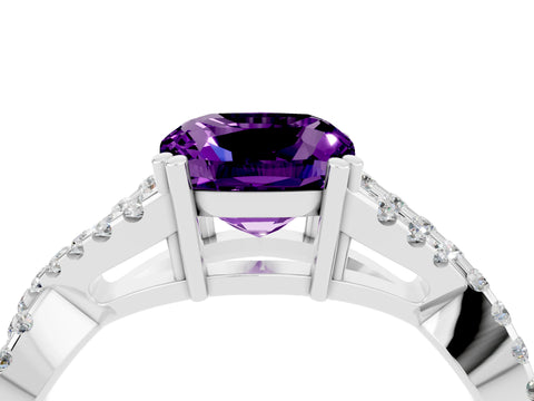 White gold Cushion Cut Amethyst Solitaire Ring with Four-Prong Setting and Twisted Pavé Band_4