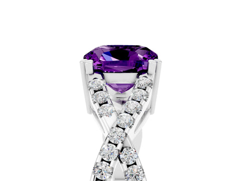 White gold Cushion Cut Amethyst Solitaire Ring with Four-Prong Setting and Twisted Pavé Band_5