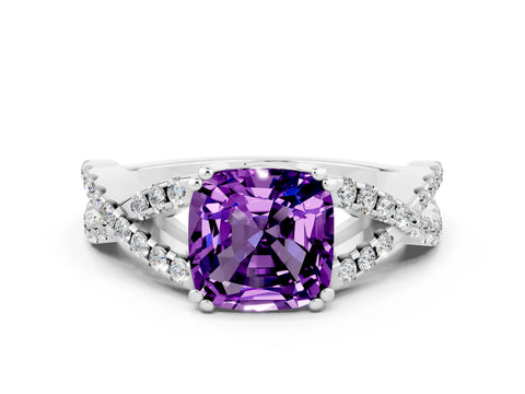 White gold Cushion Cut Amethyst Solitaire Ring with Four-Prong Setting and Twisted Pavé Band
