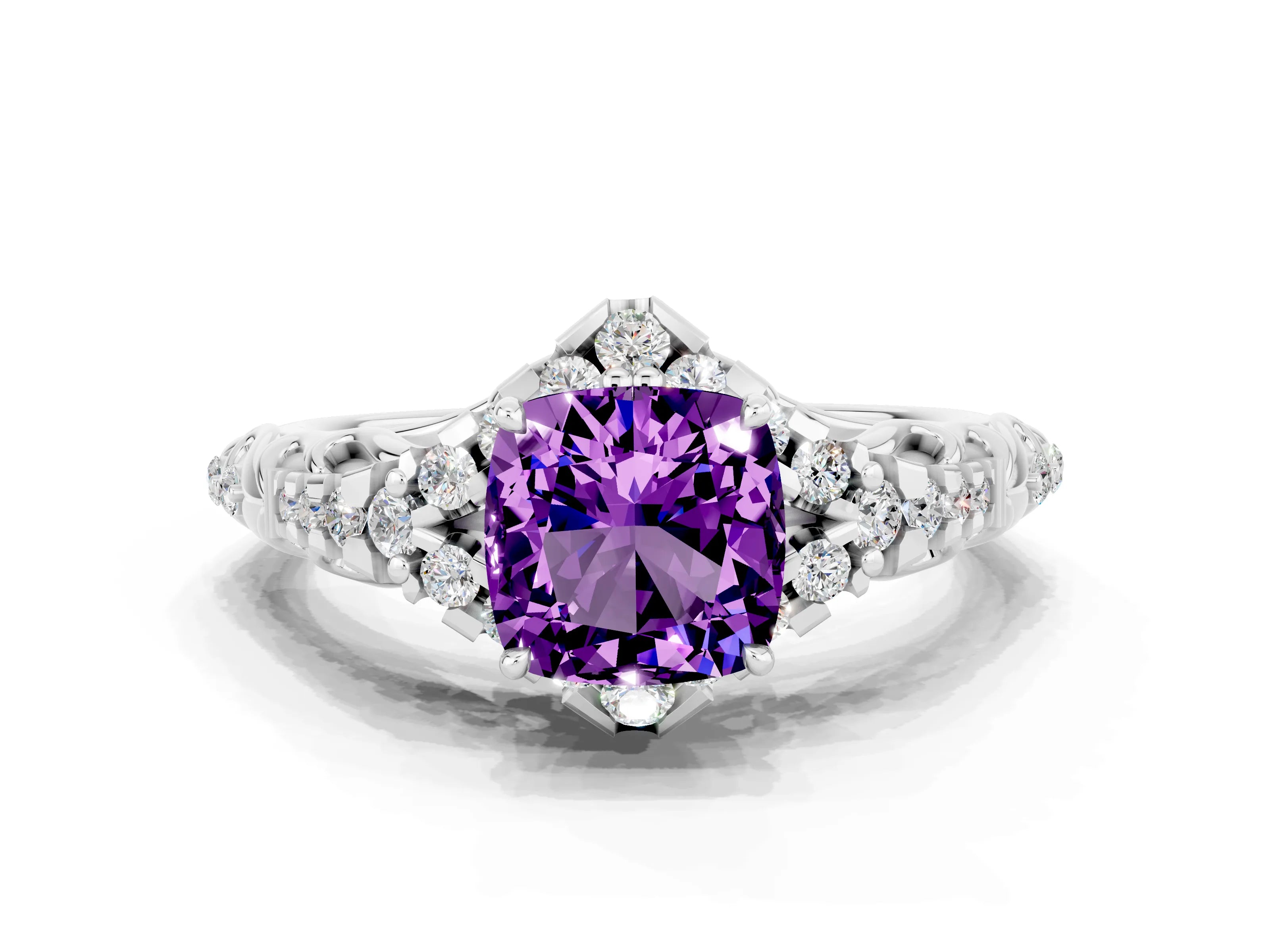 White gold Cushion Cut Amethyst Solitaire Ring with Hidden Halo and Pavé Band_12