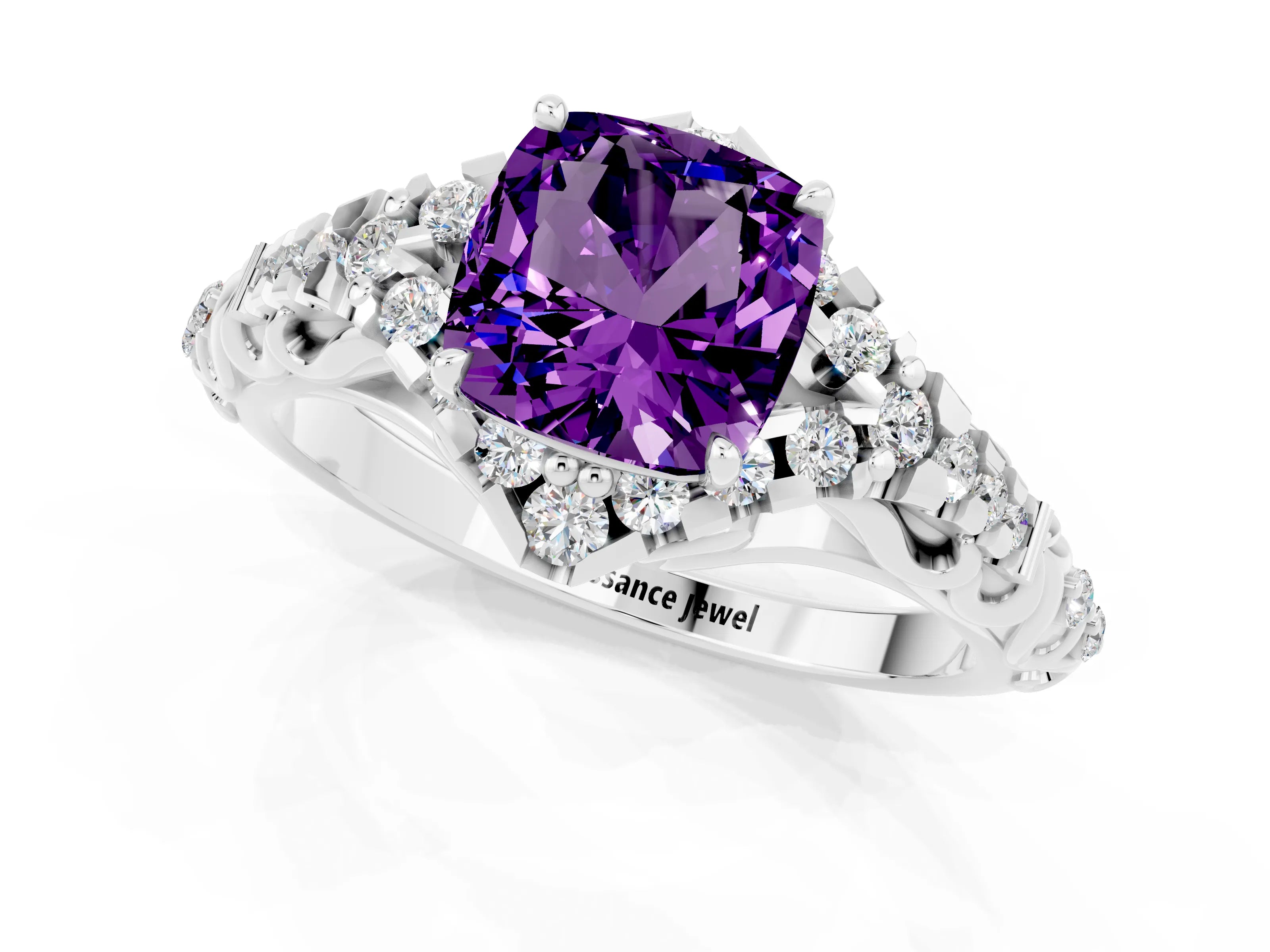 White gold Cushion Cut Amethyst Solitaire Ring with Hidden Halo and Pavé Band_13