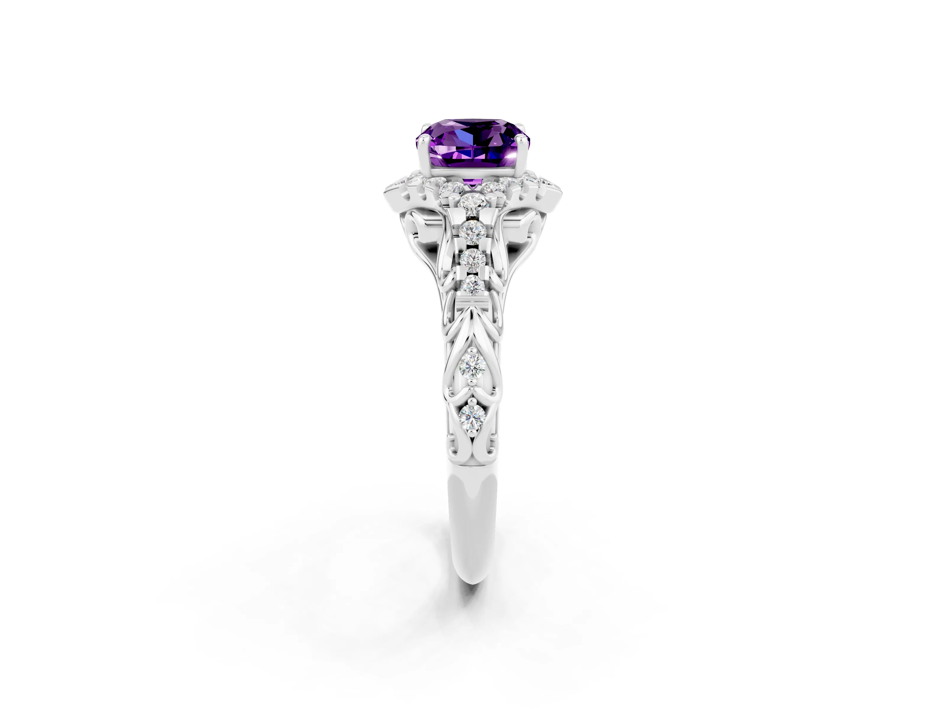 White gold Cushion Cut Amethyst Solitaire Ring with Hidden Halo and Pavé Band_14