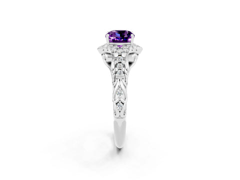 White gold Cushion Cut Amethyst Solitaire Ring with Hidden Halo and Pavé Band_14
