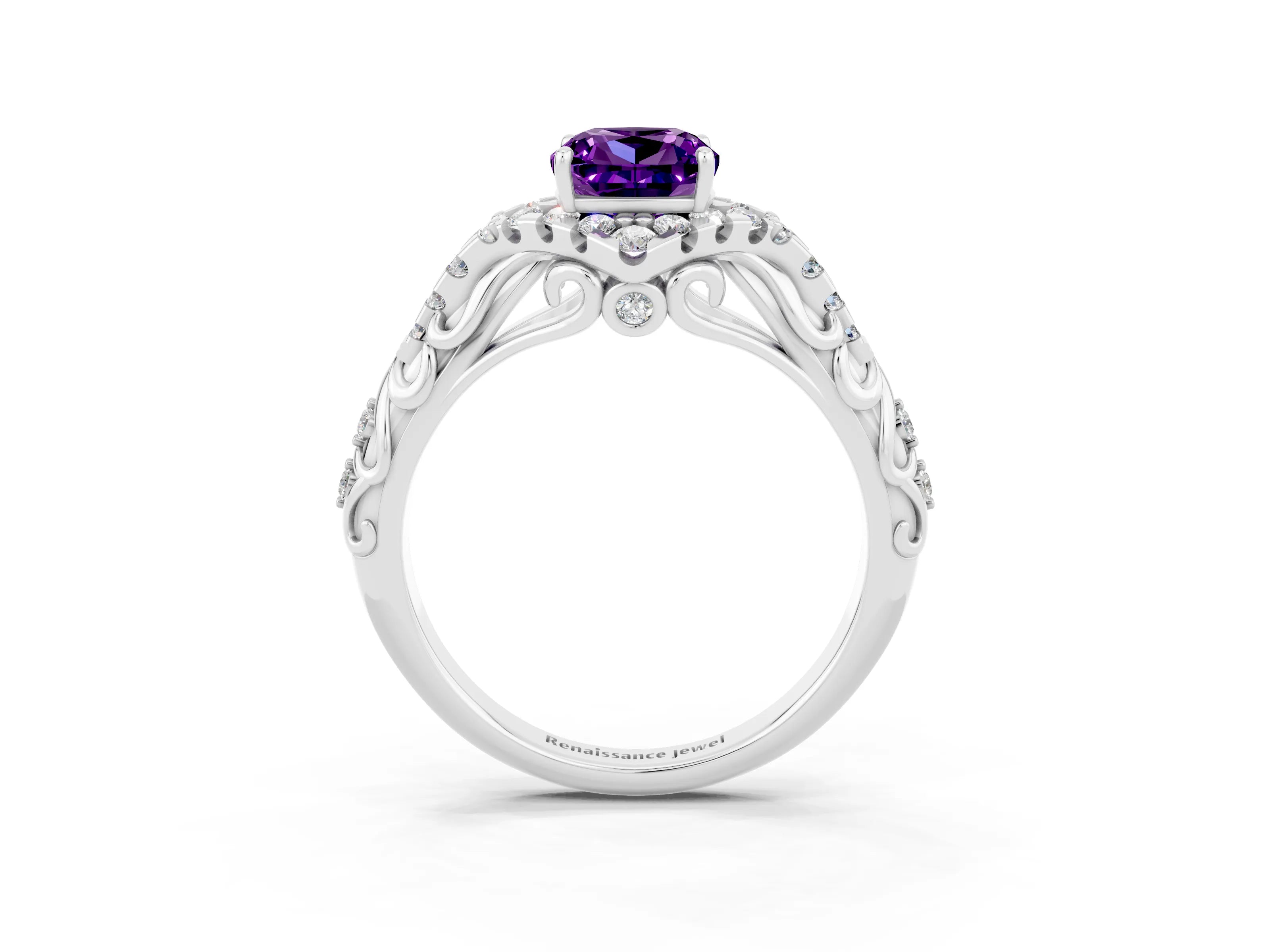 White gold Cushion Cut Amethyst Solitaire Ring with Hidden Halo and Pavé Band_15