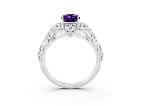 White gold Cushion Cut Amethyst Solitaire Ring with Hidden Halo and Pavé Band_15