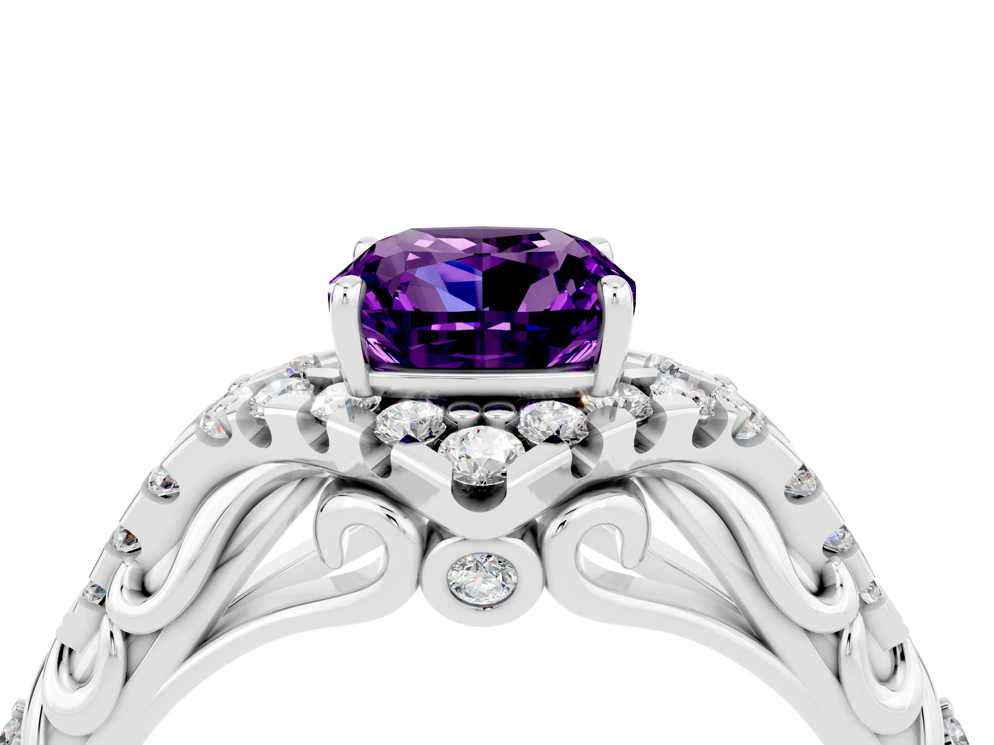 White gold Cushion Cut Amethyst Solitaire Ring with Hidden Halo and Pavé Band_16