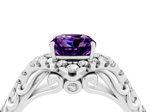 White gold Cushion Cut Amethyst Solitaire Ring with Hidden Halo and Pavé Band_16