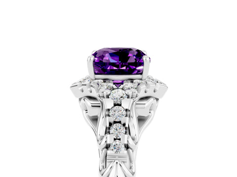 White gold Cushion Cut Amethyst Solitaire Ring with Hidden Halo and Pavé Band_17