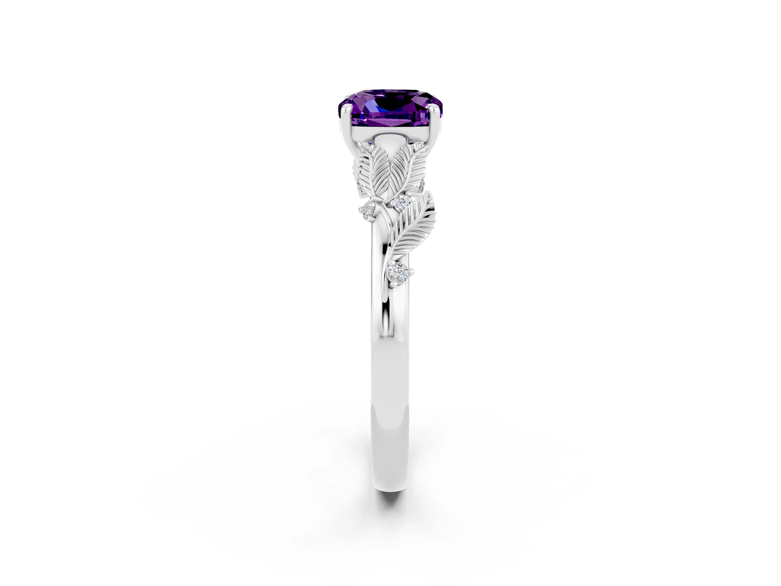 White gold Cushion Cut Amethyst Solitaire Ring with Leaf Motif Band and Four-Prong Setting_14