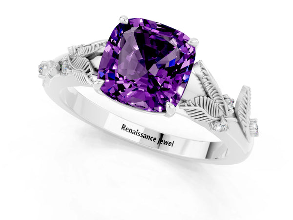 White gold Cushion Cut Amethyst Solitaire Ring with Leaf Motif Band and Four-Prong Setting