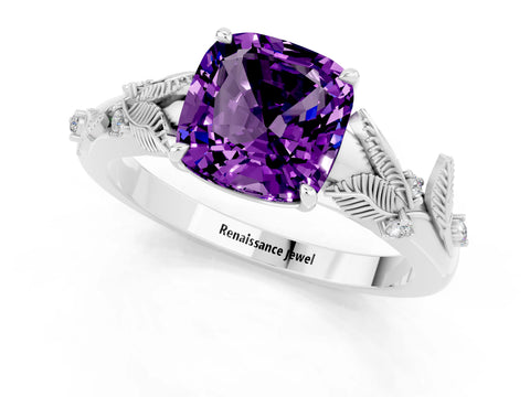 White gold Cushion Cut Amethyst Solitaire Ring with Leaf Motif Band and Four-Prong Setting_19