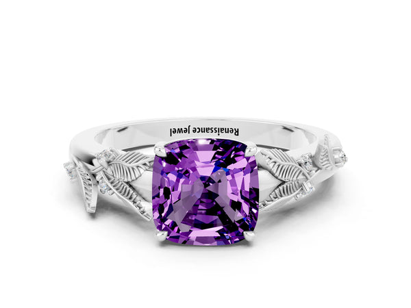 Platinum Cushion Cut Amethyst Solitaire Ring with Leaf Motif Band and Four-Prong Setting
