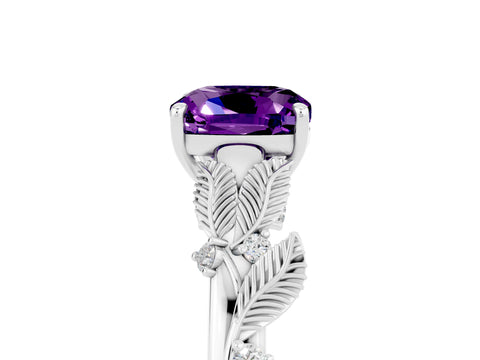White gold Cushion Cut Amethyst Solitaire Ring with Leaf Motif Band and Four-Prong Setting_23
