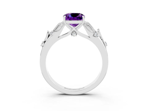 White gold Cushion Cut Amethyst Solitaire Ring with Leaf Motif Band and Four-Prong Setting_3