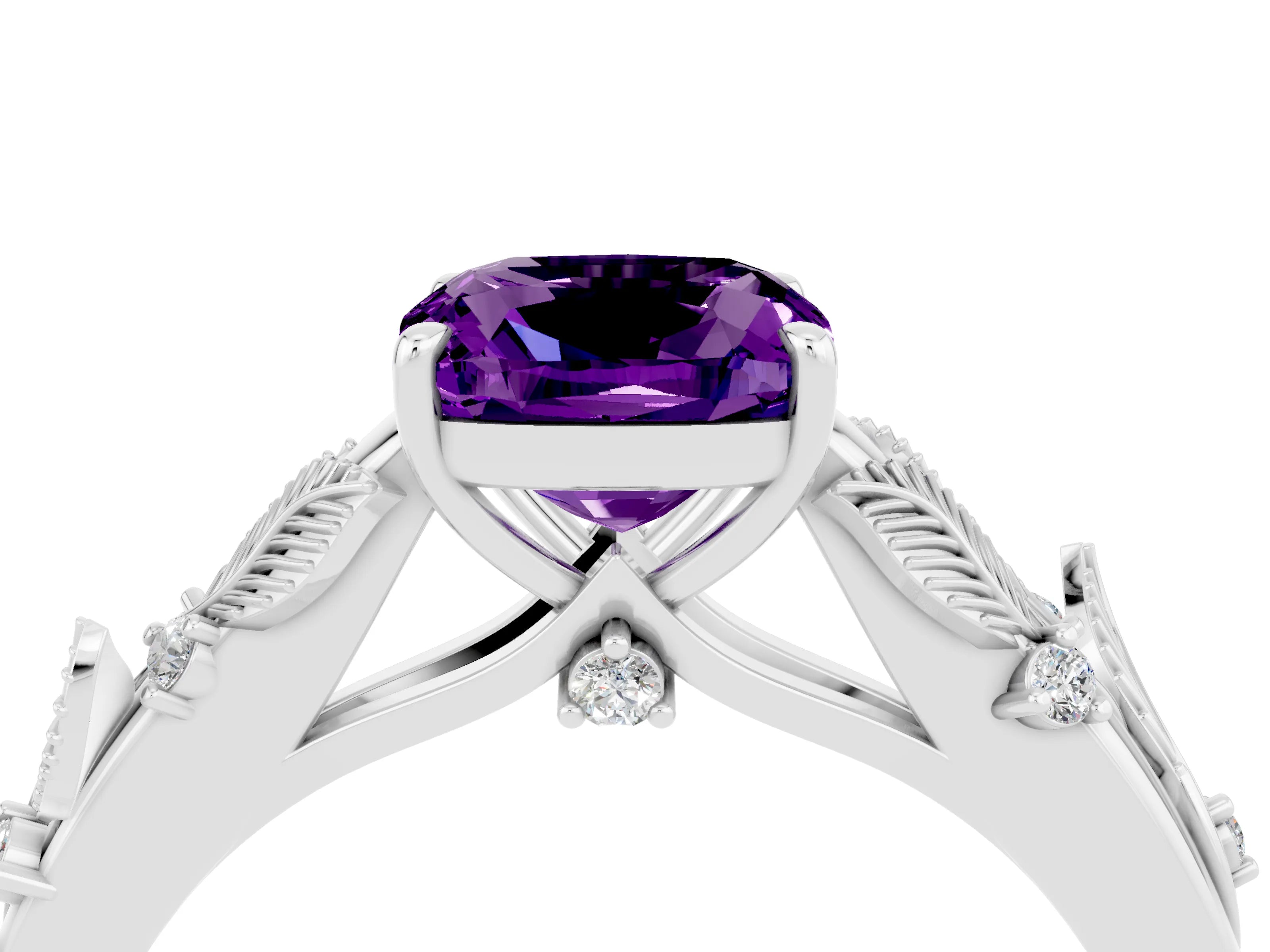 White gold Cushion Cut Amethyst Solitaire Ring with Leaf Motif Band and Four-Prong Setting_4