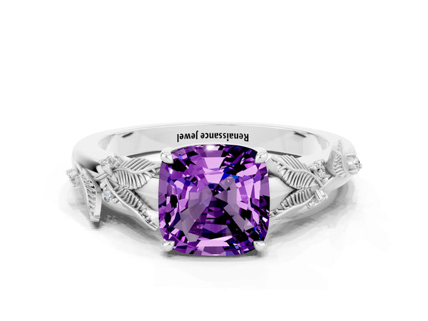 Silver Cushion Cut Amethyst Solitaire Ring with Leaf Motif Band and Four-Prong Setting
