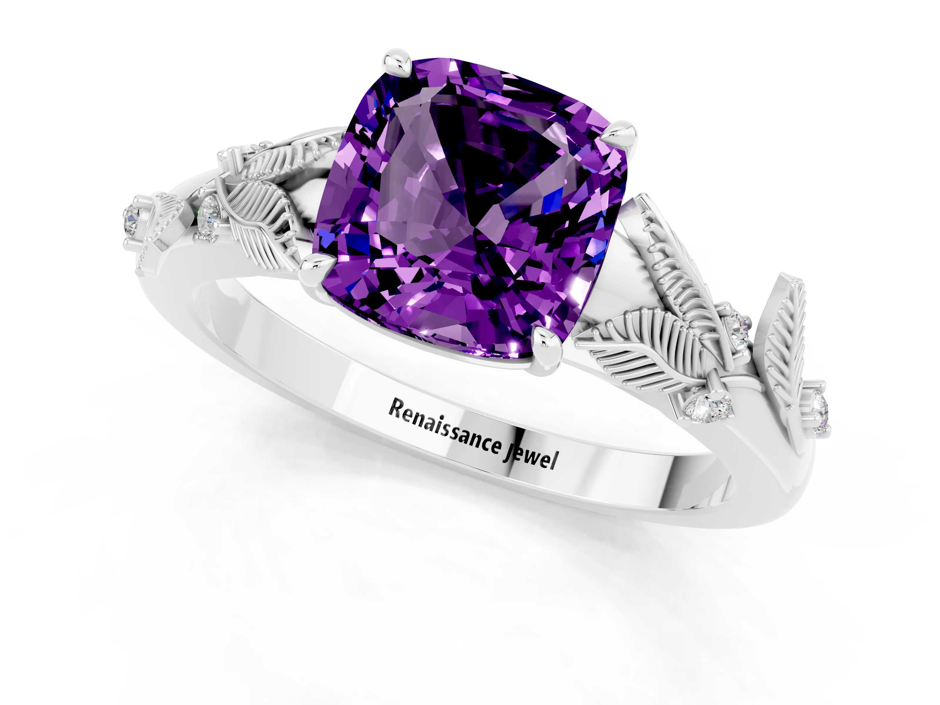 White gold Cushion Cut Amethyst Solitaire Ring with Leaf Motif Band and Four-Prong Setting_7