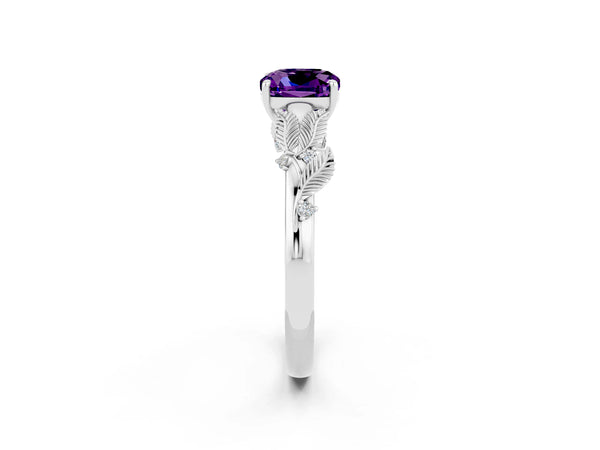 Silver Cushion Cut Amethyst Solitaire Ring with Leaf Motif Band and Four-Prong Setting
