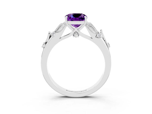 Silver Cushion Cut Amethyst Solitaire Ring with Leaf Motif Band and Four-Prong Setting