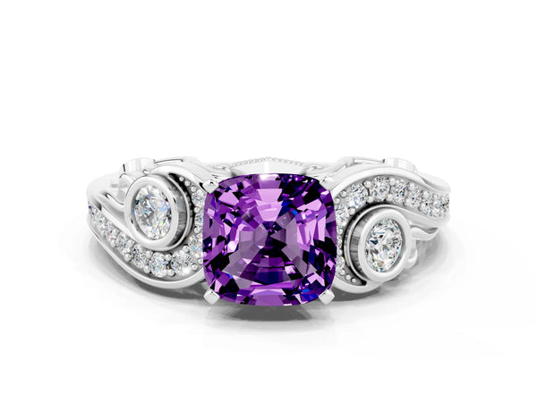 Platinum Cushion Cut Amethyst Solitaire Ring with Milgrain Pavé Band and Four-Prong Setting
