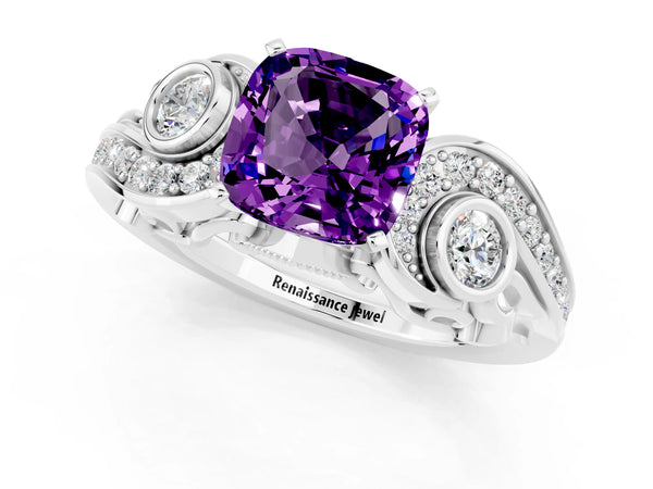 Platinum Cushion Cut Amethyst Solitaire Ring with Milgrain Pavé Band and Four-Prong Setting