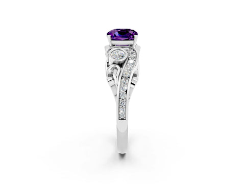 White gold Cushion Cut Amethyst Solitaire Ring with Milgrain Pavé Band and Four-Prong Setting_14