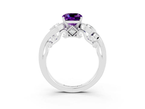 White gold Cushion Cut Amethyst Solitaire Ring with Milgrain Pavé Band and Four-Prong Setting_15