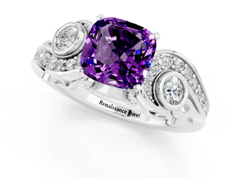 White gold Cushion Cut Amethyst Solitaire Ring with Milgrain Pavé Band and Four-Prong Setting_49
