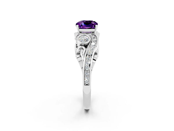 White gold Cushion Cut Amethyst Solitaire Ring with Milgrain Pavé Band and Four-Prong Setting