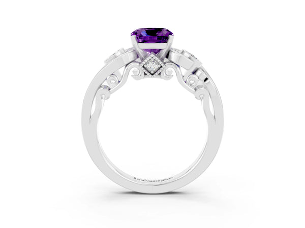 White gold Cushion Cut Amethyst Solitaire Ring with Milgrain Pavé Band and Four-Prong Setting