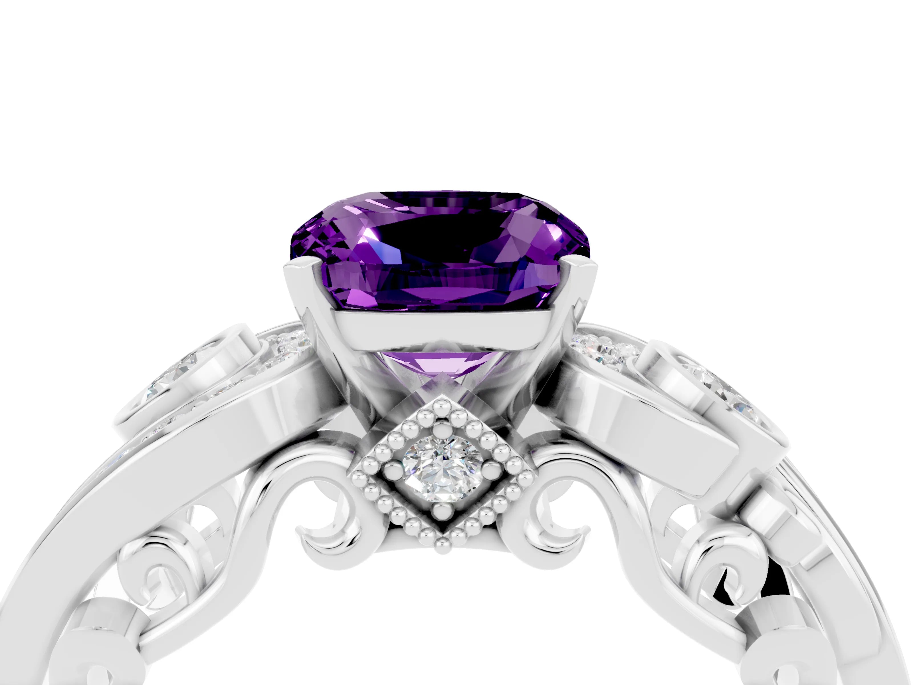 White gold Cushion Cut Amethyst Solitaire Ring with Milgrain Pavé Band and Four-Prong Setting_52