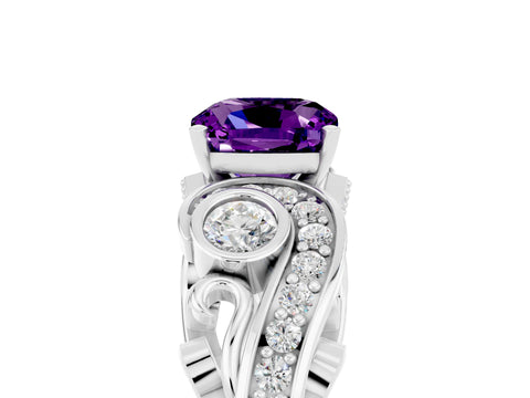 White gold Cushion Cut Amethyst Solitaire Ring with Milgrain Pavé Band and Four-Prong Setting_53