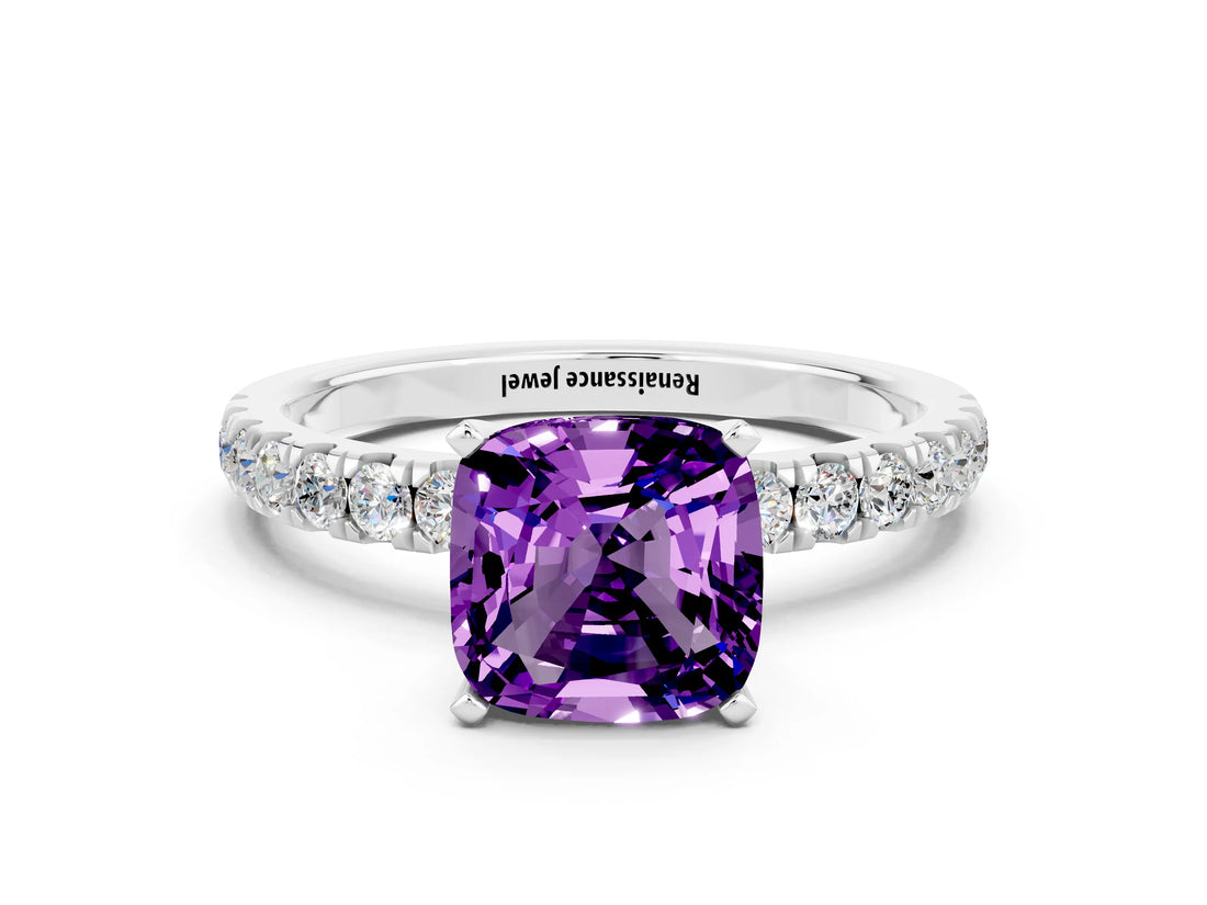 White gold Cushion Cut Amethyst Solitaire Ring with Pavé Accents and Four-Prong Setting