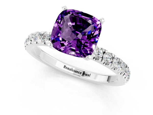 White gold Cushion Cut Amethyst Solitaire Ring with Pavé Accents and Four-Prong Setting