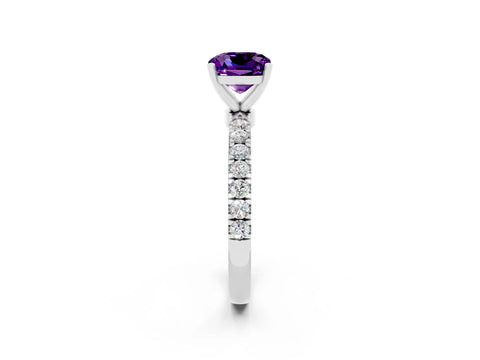 White gold Cushion Cut Amethyst Solitaire Ring with Pavé Accents and Four-Prong Setting_2