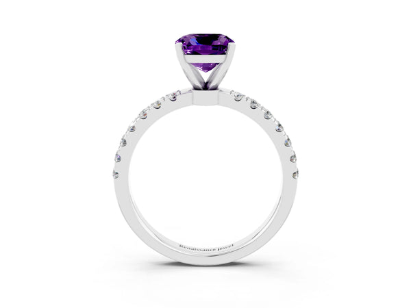 White gold Cushion Cut Amethyst Solitaire Ring with Pavé Accents and Four-Prong Setting