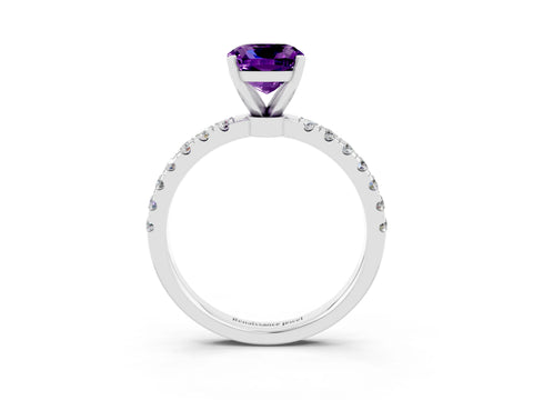White gold Cushion Cut Amethyst Solitaire Ring with Pavé Accents and Four-Prong Setting_3