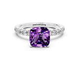 White gold Cushion Cut Amethyst Solitaire Ring with Pavé Accents and Four-Prong Setting