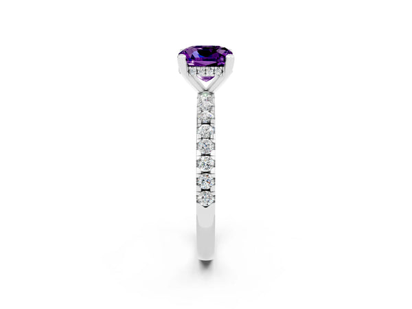 White gold Cushion Cut Amethyst Solitaire Ring with Round  Pavé Band and Four-Prong Setting