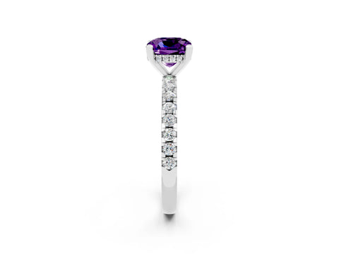 White gold Cushion Cut Amethyst Solitaire Ring with Pavé Band and Four-Prong Setting_26