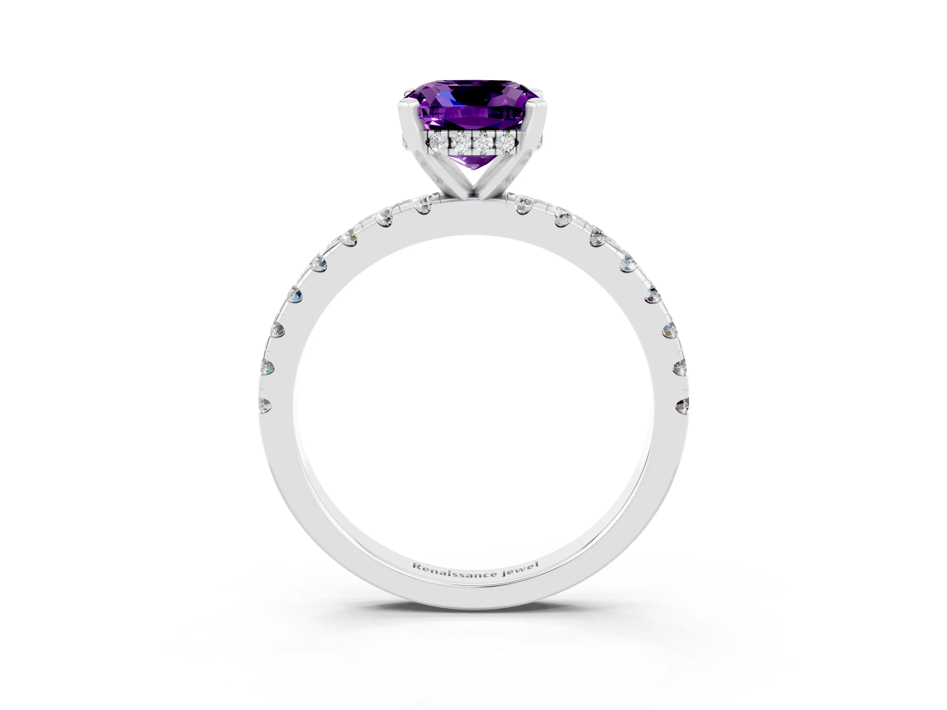 White gold Cushion Cut Amethyst Solitaire Ring with Pavé Band and Four-Prong Setting_27