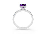 White gold Cushion Cut Amethyst Solitaire Ring with Pavé Band and Four-Prong Setting_27