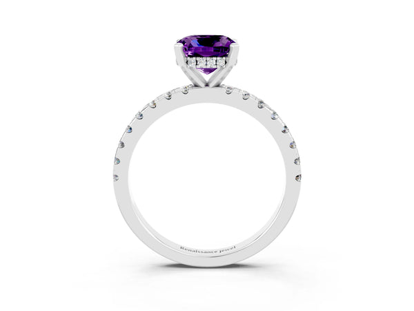 Silver Cushion Cut Amethyst Solitaire Ring with Round  Pavé Band and Four-Prong Setting
