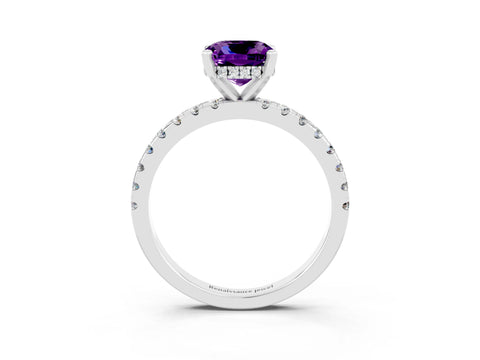 White gold Cushion Cut Amethyst Solitaire Ring with Pavé Band and Four-Prong Setting_27